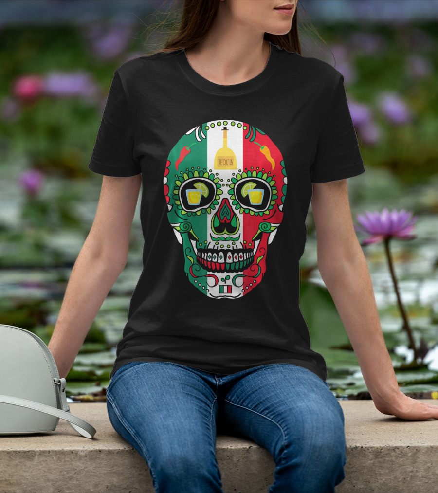 Mexican Cinco De Mayo Tequila Skull With Flag Colors And Chili Peppers T-Shirt