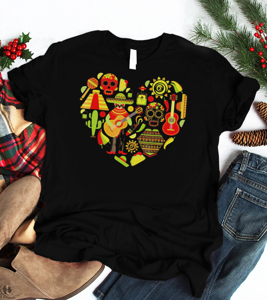 Cinco De Mayo Love Skull Guitar Cactus Sombrero Heart T-Shirt