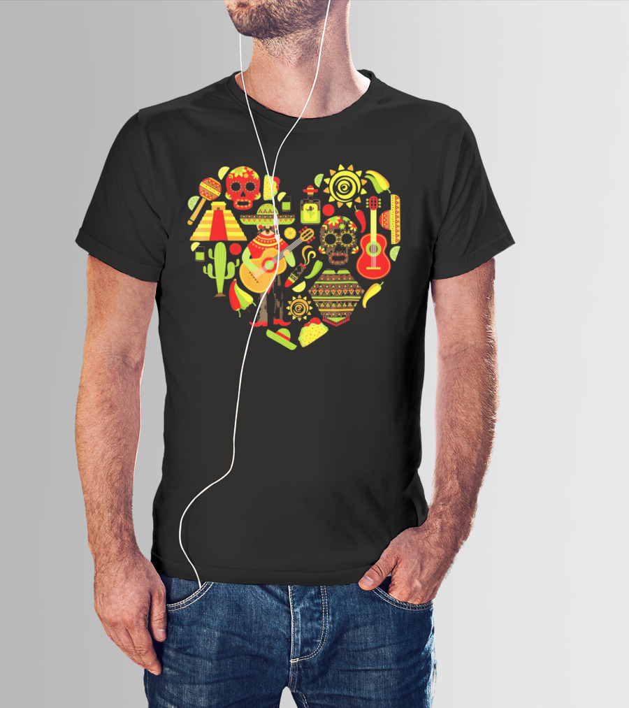 Cinco De Mayo Love Skull Guitar Cactus Sombrero Heart T-Shirt