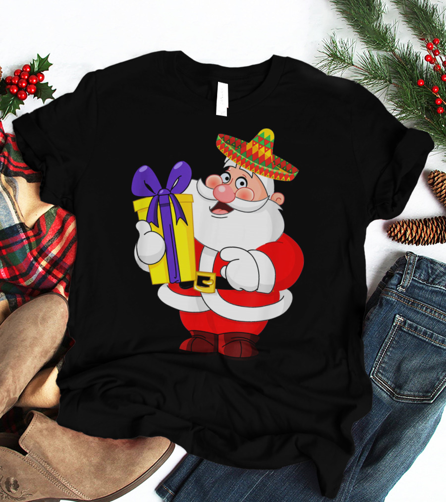 Cinco De Mayo Funny Sombrero Mexican Santa With Gift T-Shirt