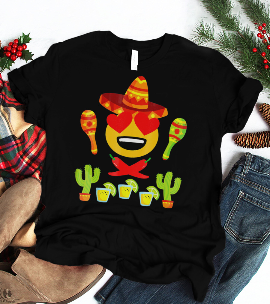 Fiesta Cinco De Mayo Emoji Heart Eyes Sombrero Maracas Cactus Peppers Margaritas T-Shirt