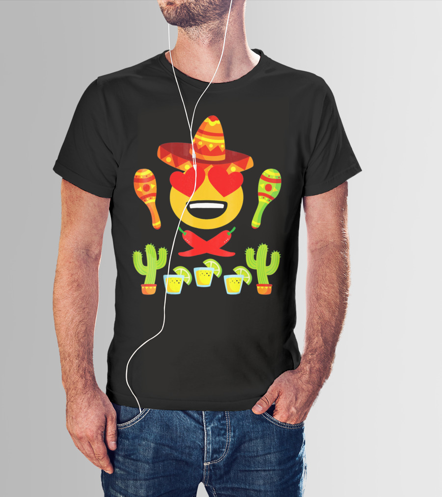 Fiesta Cinco De Mayo Emoji Heart Eyes Sombrero Maracas Cactus Peppers Margaritas T-Shirt