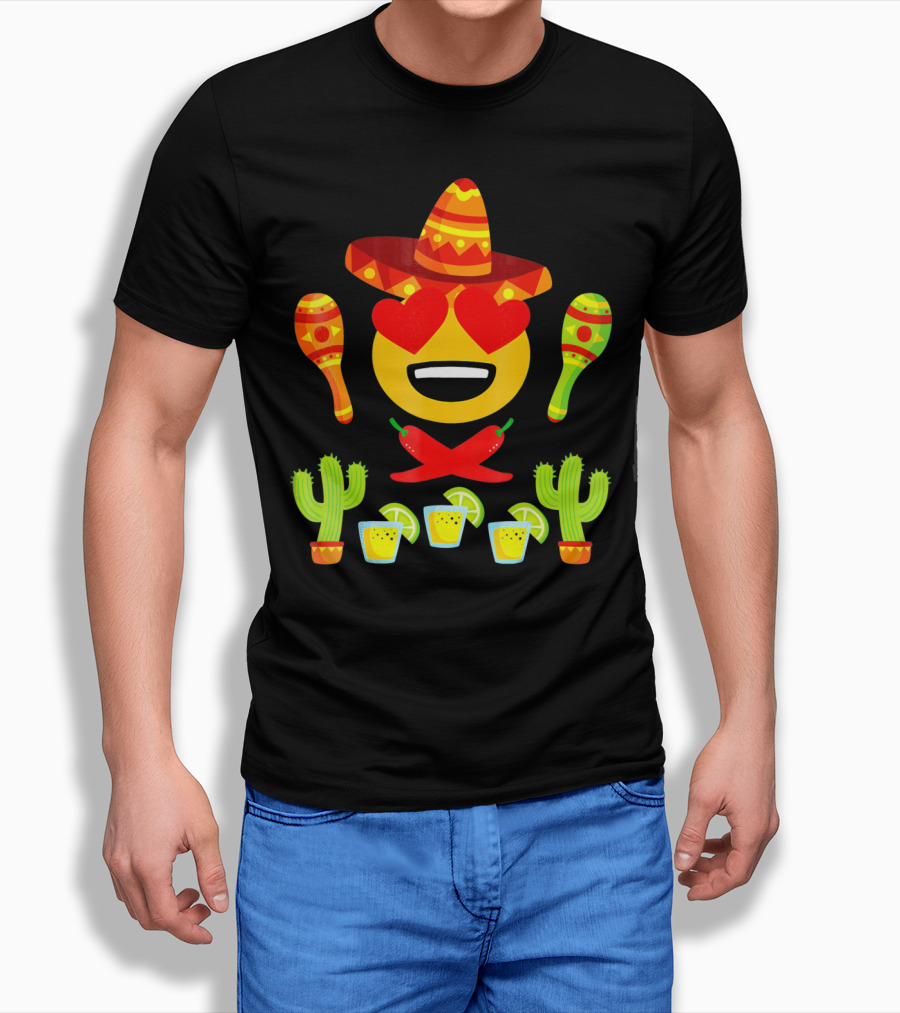 Fiesta Cinco De Mayo Emoji Heart Eyes Sombrero Maracas Cactus Peppers Margaritas T-Shirt