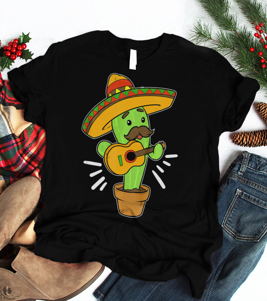Cinco De Mayo Cactus Playing Guitar With Sombrero T-Shirt