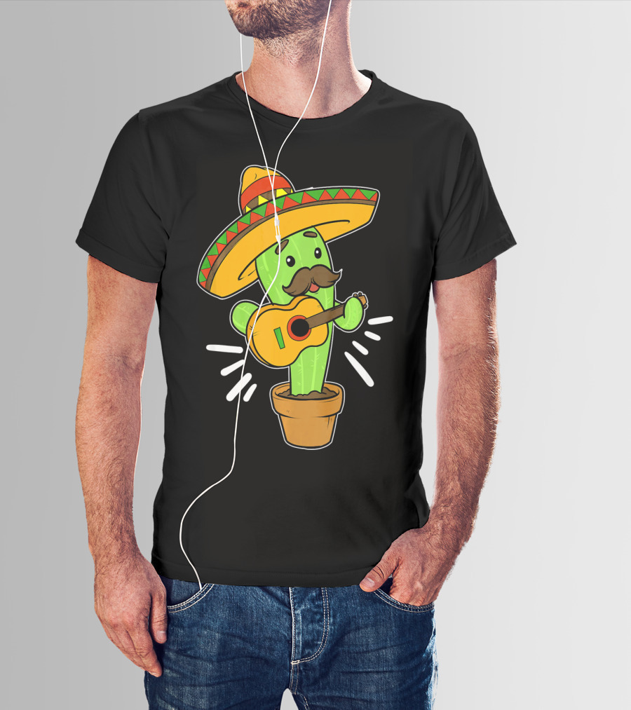 Cinco De Mayo Cactus Playing Guitar With Sombrero T-Shirt