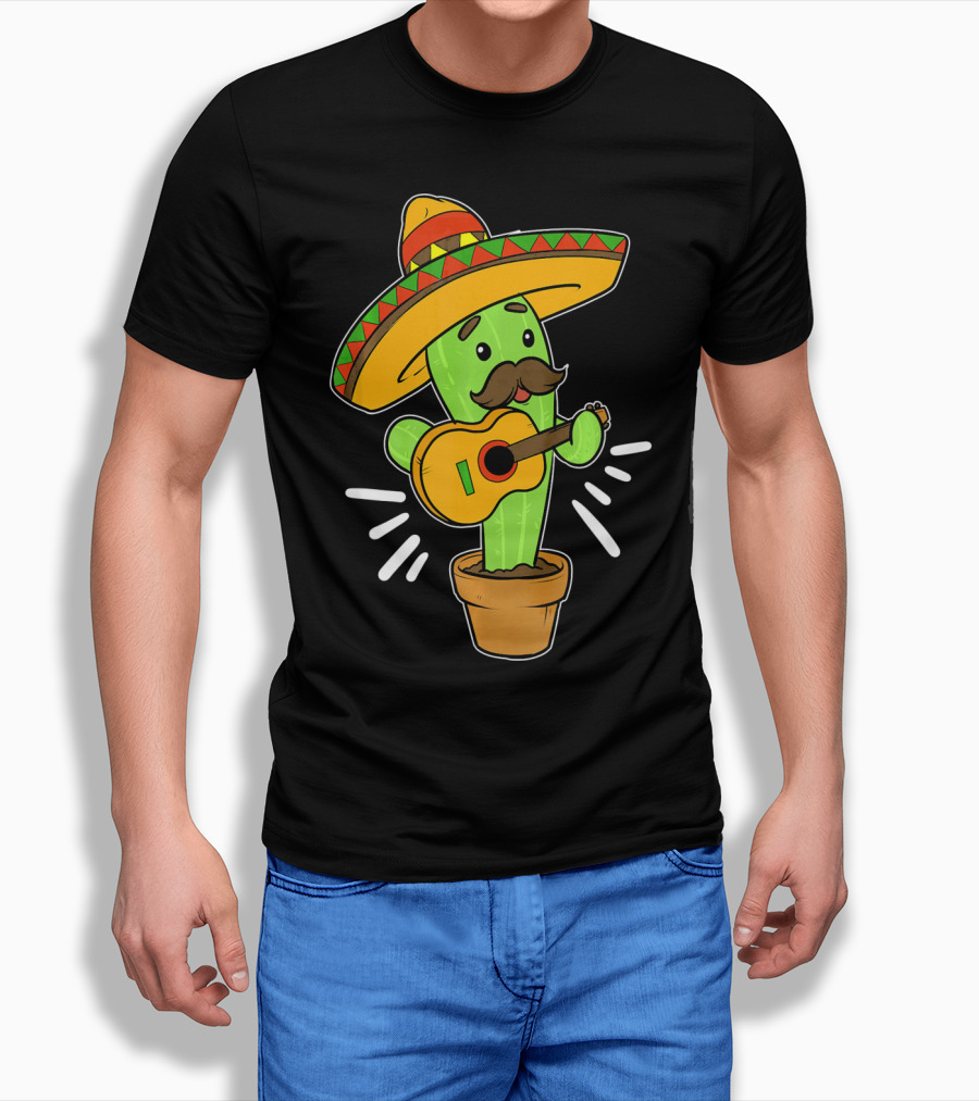 Cinco De Mayo Cactus Playing Guitar With Sombrero T-Shirt
