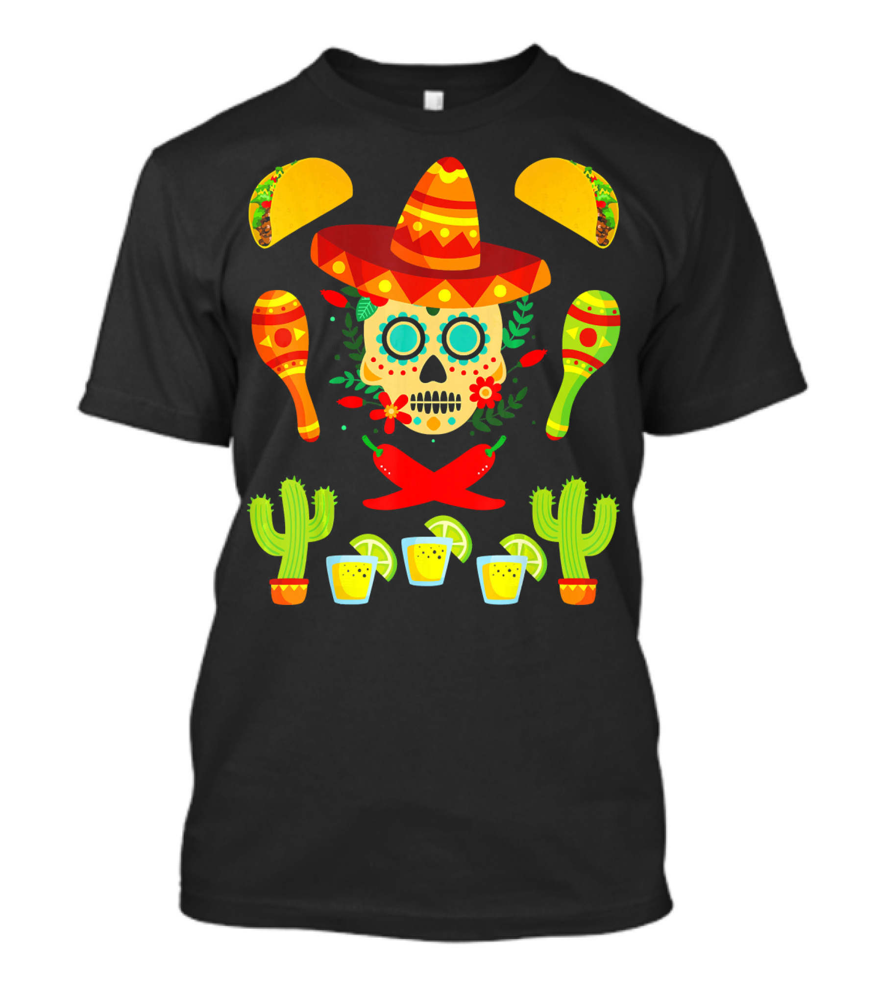 Fiesta Cinco De Mayo Sombrero Cactus Maracas Tacos Skull Peppers Shots Lime T-Shirt