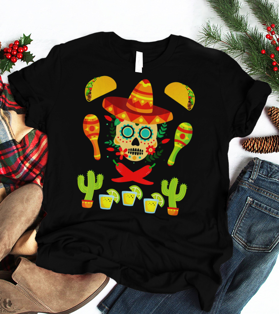 Fiesta Cinco De Mayo Sombrero Cactus Maracas Tacos Skull Peppers Shots Lime T-Shirt