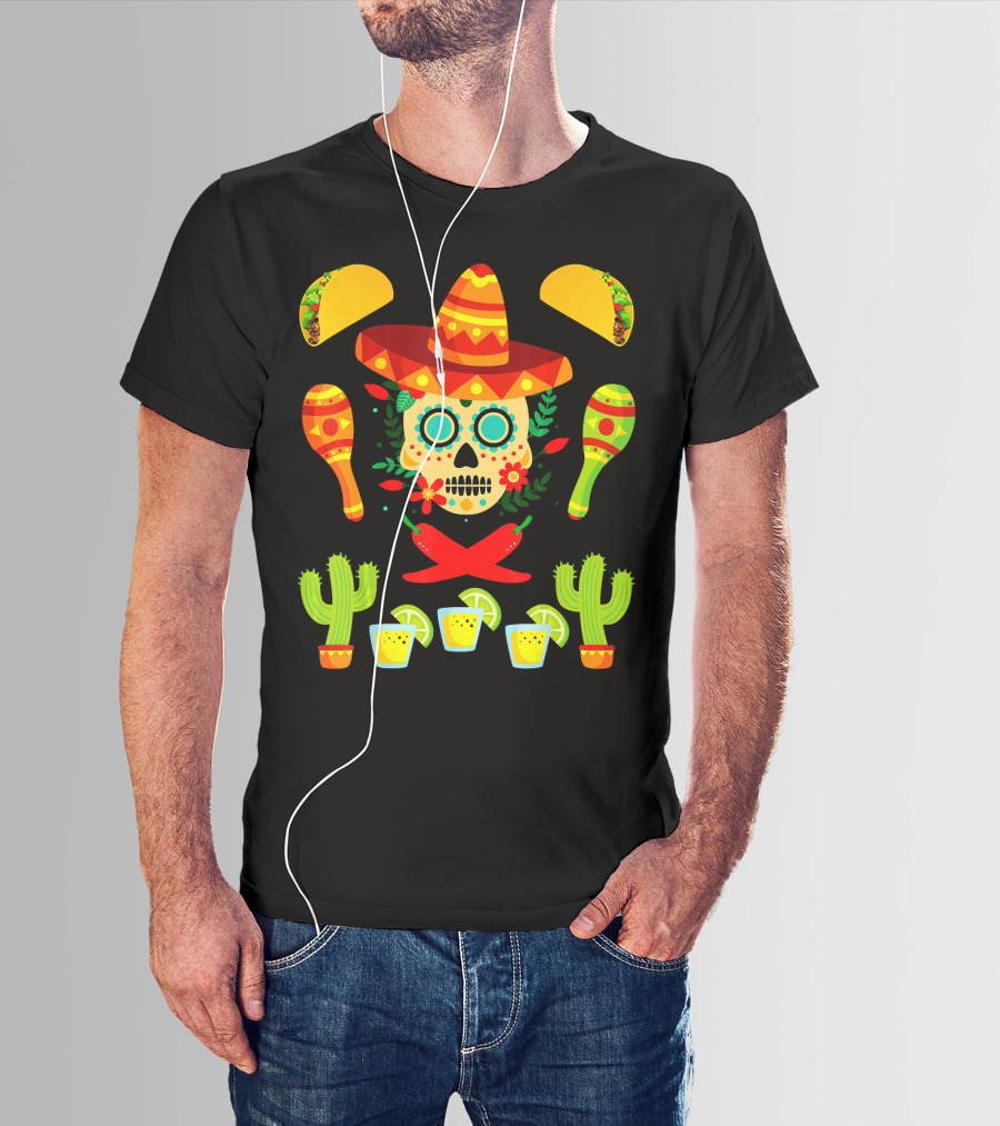 Fiesta Cinco De Mayo Sombrero Cactus Maracas Tacos Skull Peppers Shots Lime T-Shirt