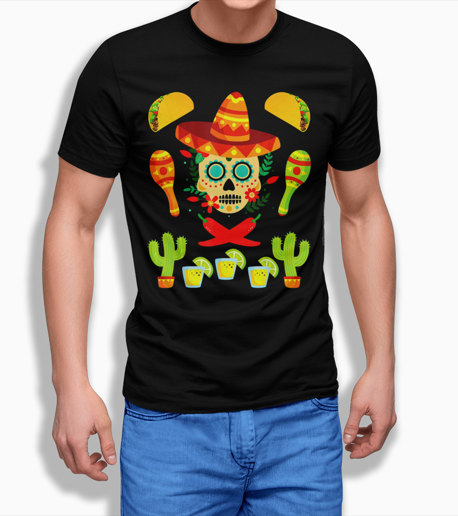 Fiesta Cinco De Mayo Sombrero Cactus Maracas Tacos Skull Peppers Shots Lime T-Shirt
