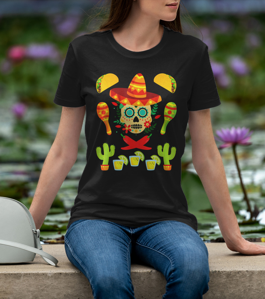 Fiesta Cinco De Mayo Sombrero Cactus Maracas Tacos Skull Peppers Shots Lime T-Shirt