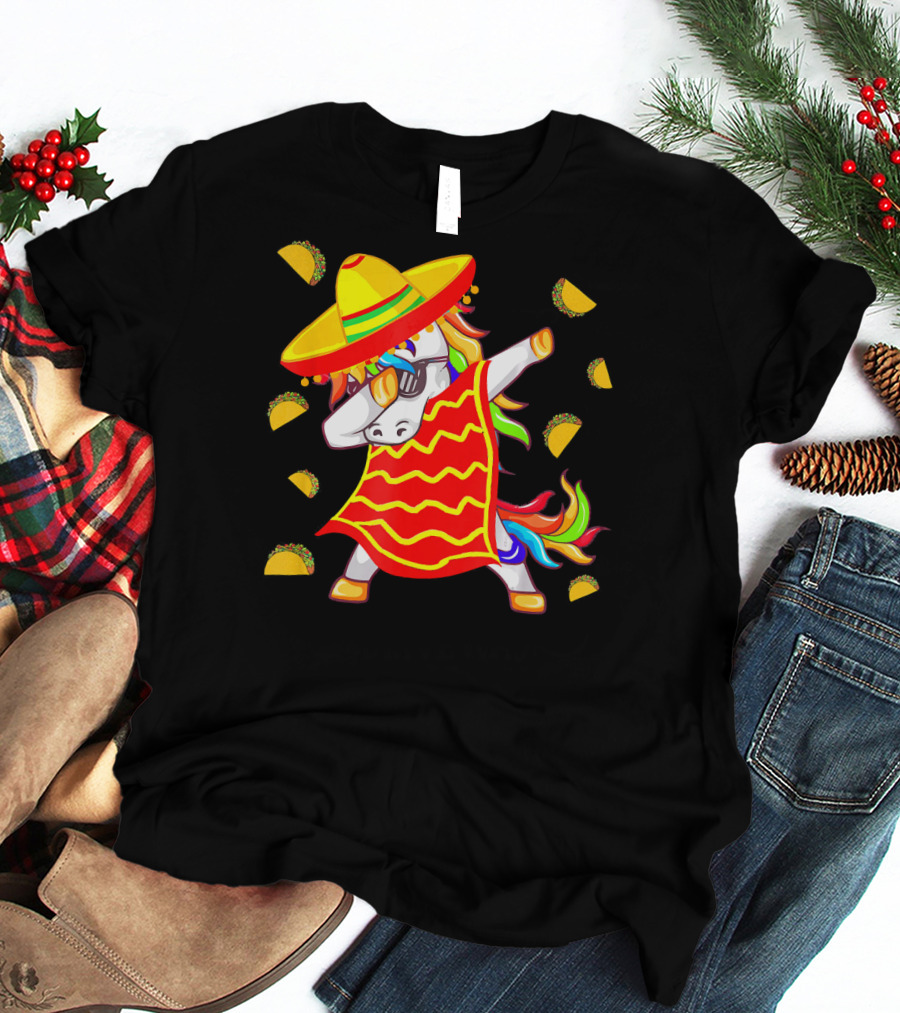 Unicorn Dabbing In Mexican Poncho With Sombrero Surrounded By Tacos T-Shirt