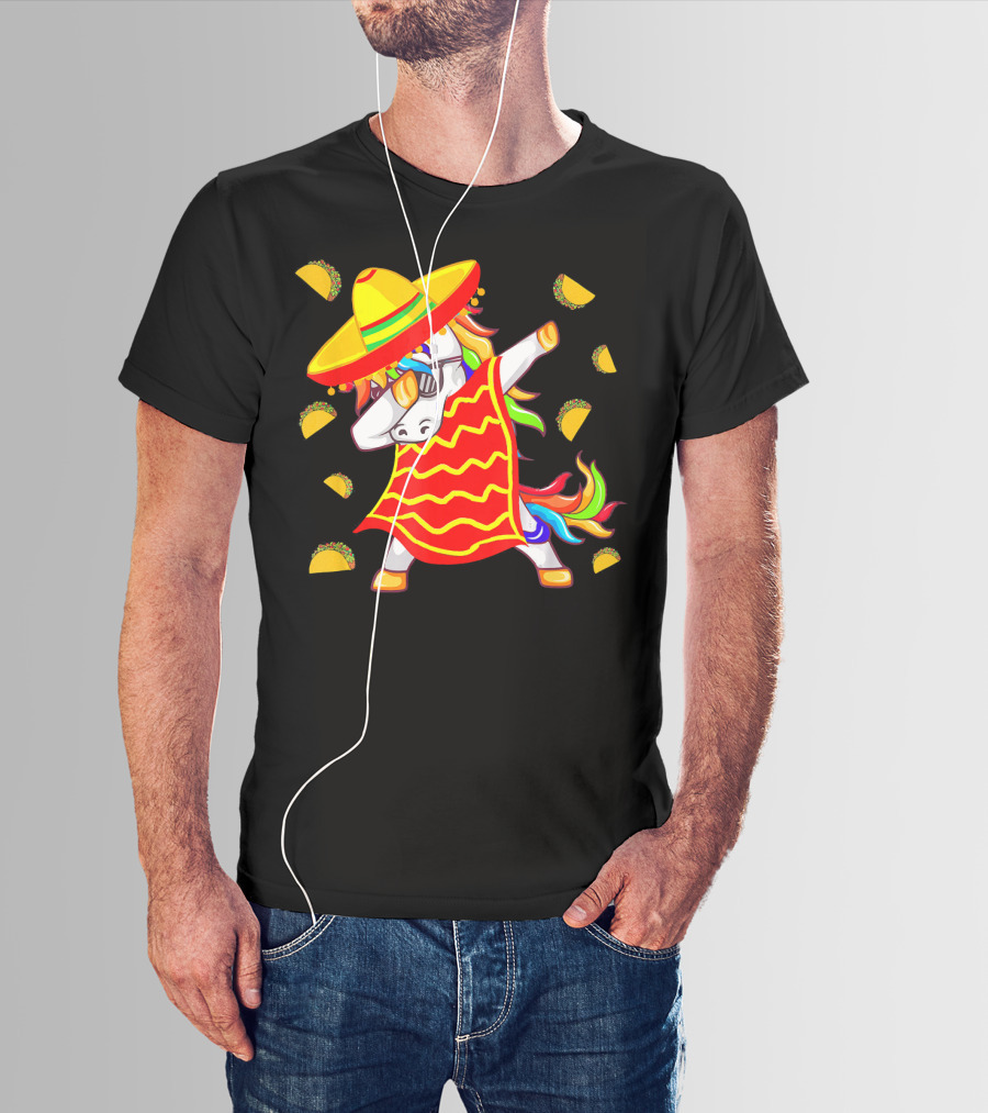 Unicorn Dabbing In Mexican Poncho With Sombrero Surrounded By Tacos T-Shirt
