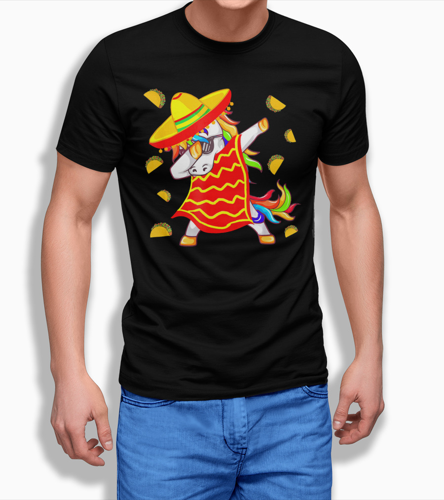 Unicorn Dabbing In Mexican Poncho With Sombrero Surrounded By Tacos T-Shirt