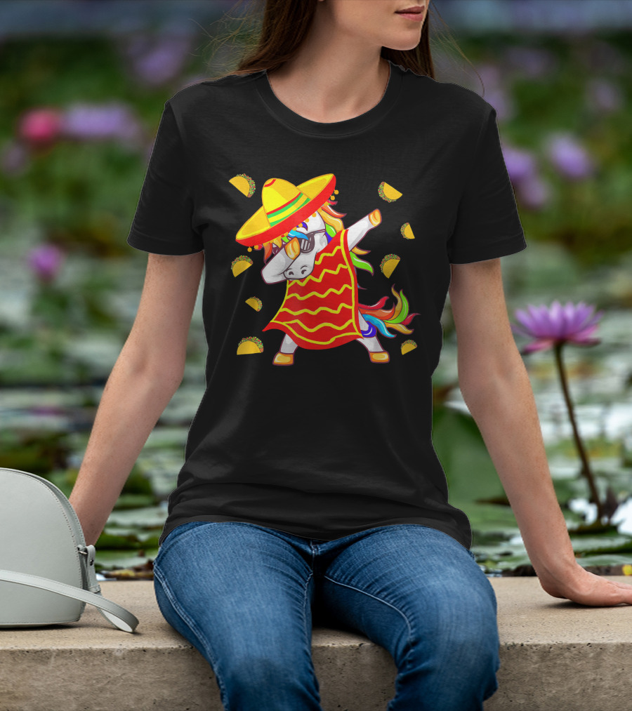 Unicorn Dabbing In Mexican Poncho With Sombrero Surrounded By Tacos T-Shirt