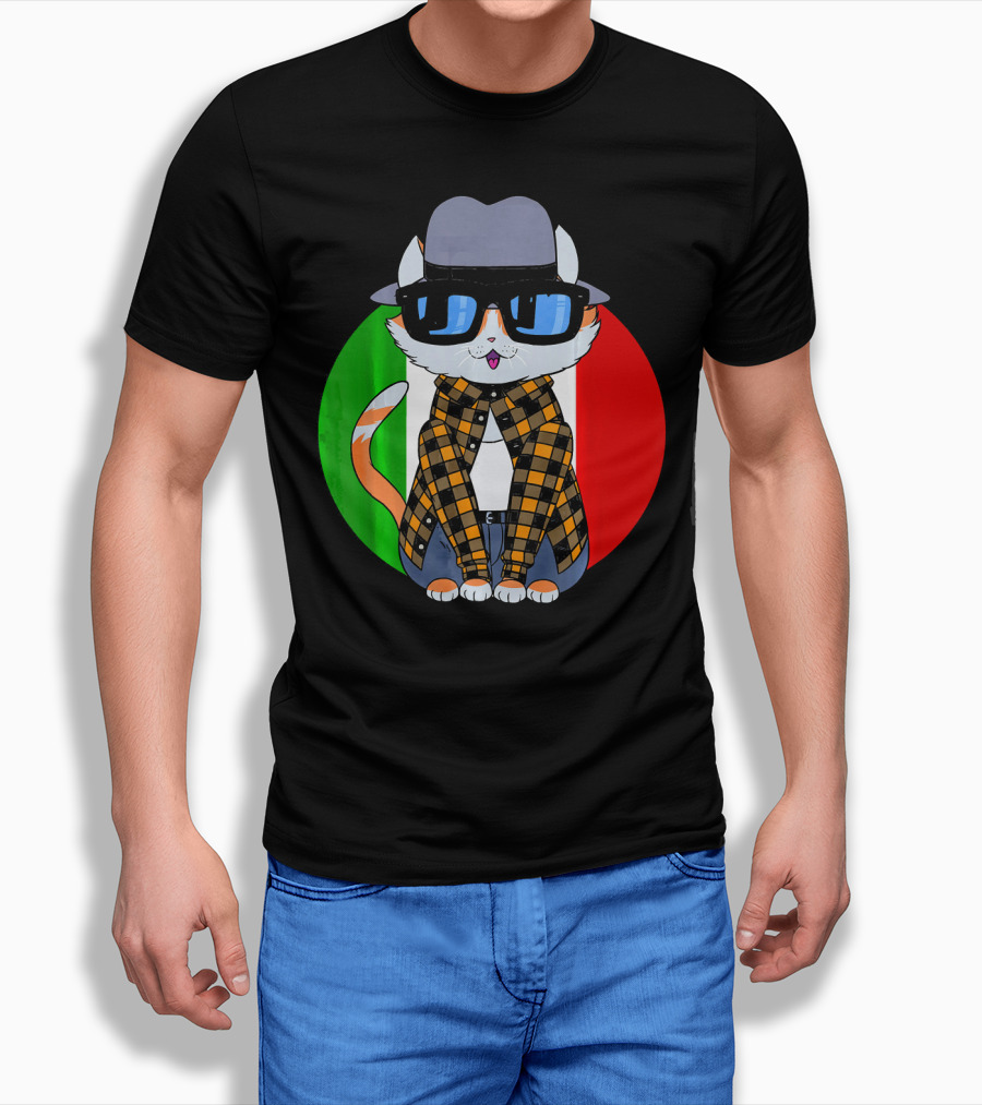 Cinco De Mayo Mexican Kitty Cat with Sunglasses and Plaid Shirt in Front of Tricolor Circle T-Shirt