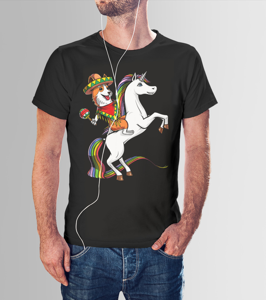 Corgi Riding Unicorn In Sombrero With Maracas Cinco De Mayo Mexic Fiesta T-Shirt
