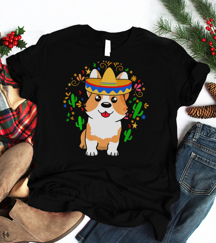 Cinco De Mayo Corgi Dog With Sombrero And Cacti T-Shirt