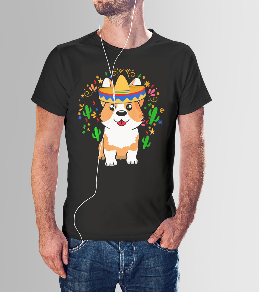Cinco De Mayo Corgi Dog With Sombrero And Cacti T-Shirt