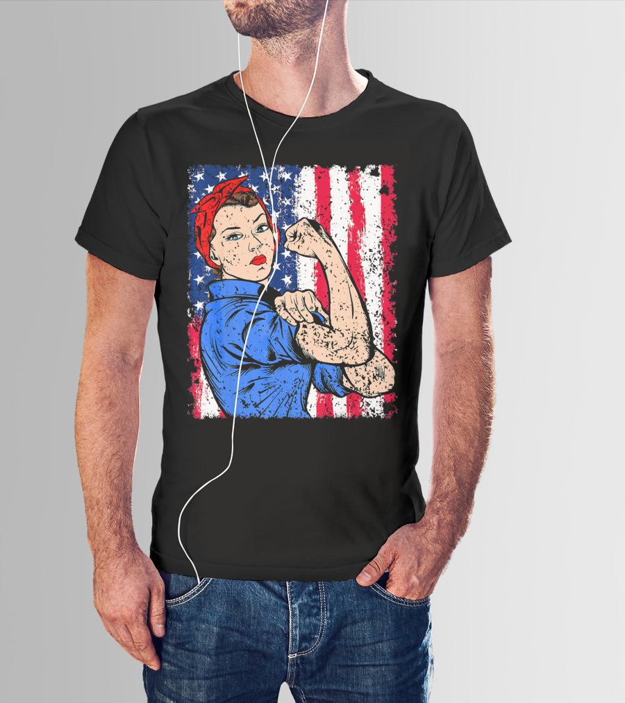 Rosie The Riveter Feminist Patriotic USA American Flag Iconic Empowerment T-Shirt