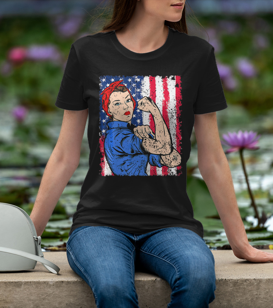 Rosie The Riveter Feminist Patriotic USA American Flag Iconic Empowerment T-Shirt