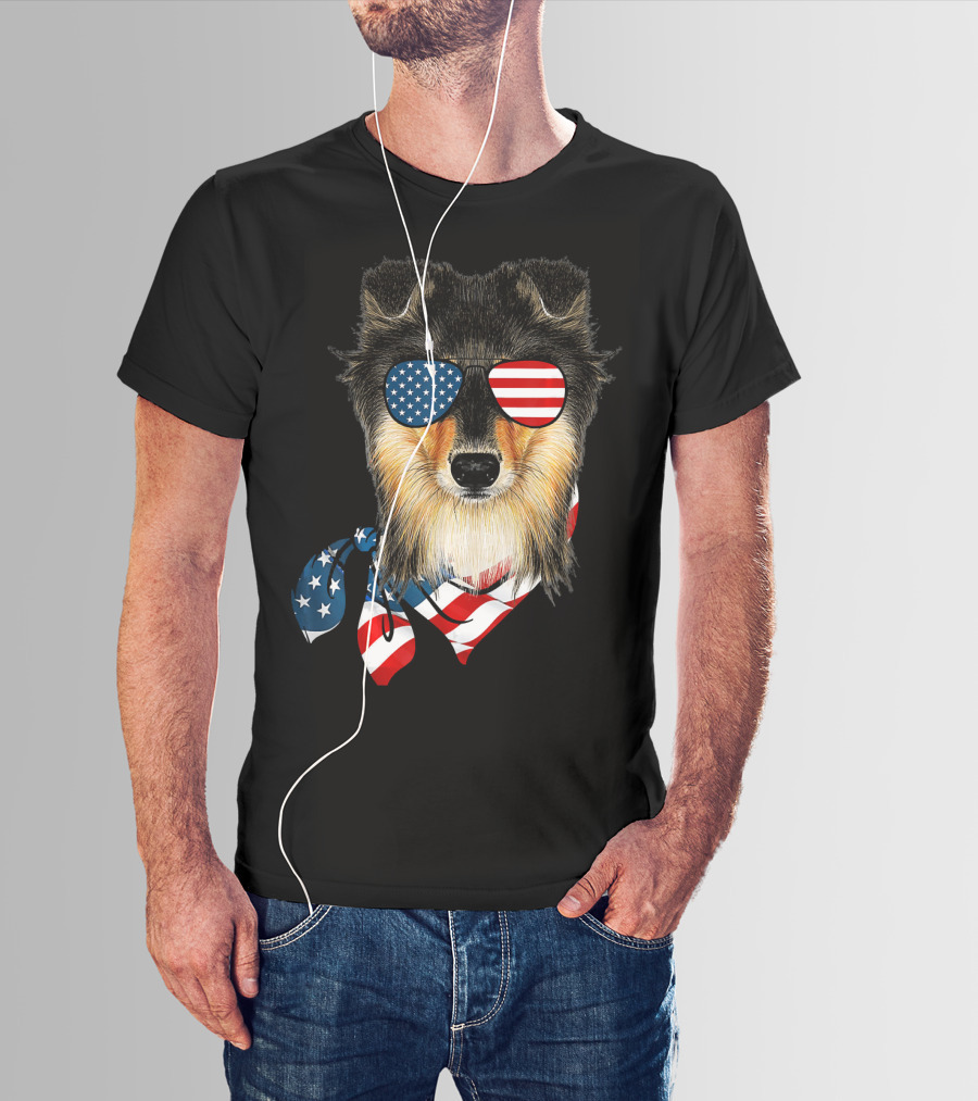 Sheltie Dog With American Flag Sunglasses And Bandana Patriotic T-Shirt