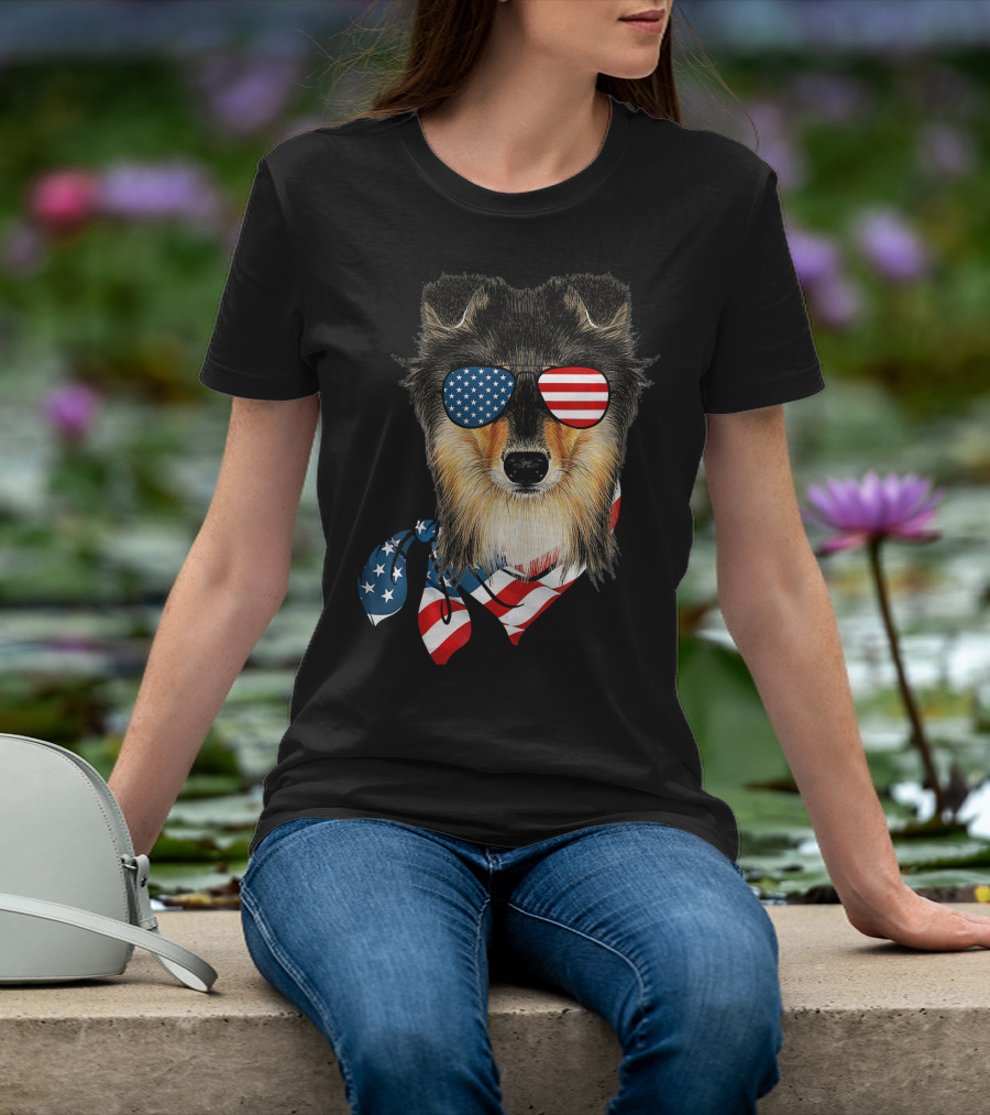 Sheltie Dog With American Flag Sunglasses And Bandana Patriotic T-Shirt