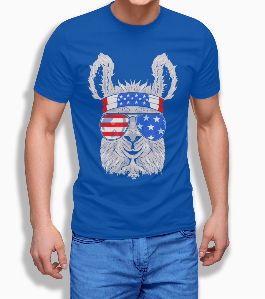 Patriotic Llama with American Flag Sunglasses and Headband for USA Independence Day T-Shirt