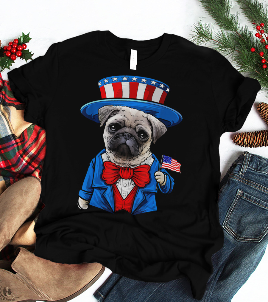 Uncle Sam Pug Holding American Flag Fourth Of July Dog Humor T-Shirt