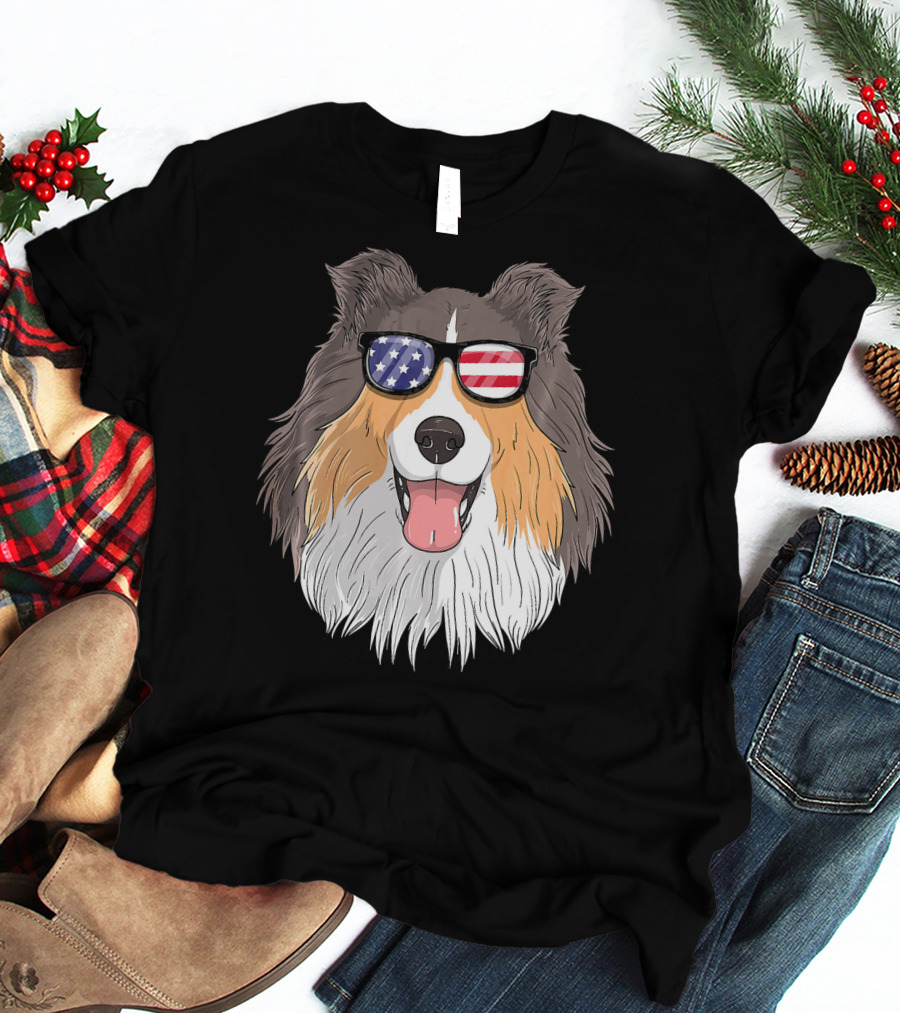 Shetland Sheepdog Patriotic Sheltie With American Flag Sunglasses T-Shirt