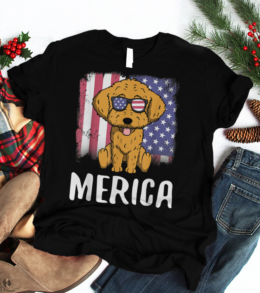 Merica Goldendoodle Dog With American Flag Sunglasses And US Flag Background T-Shirt