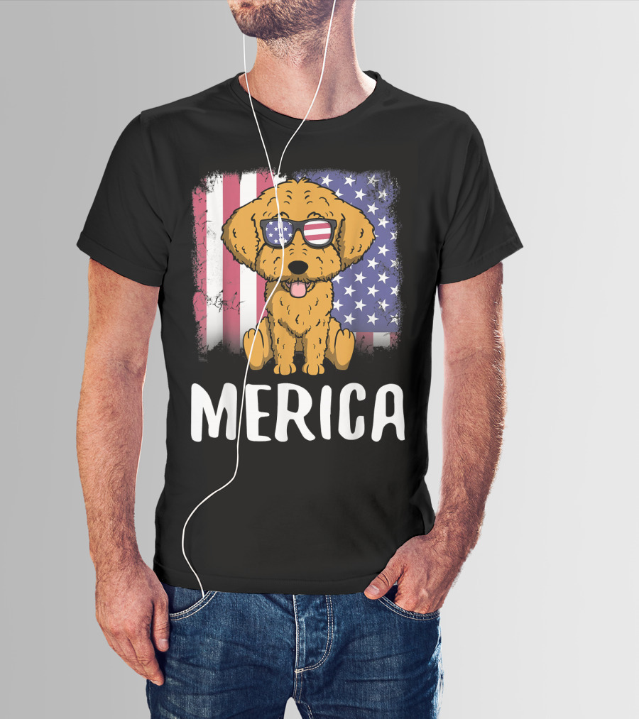Merica Goldendoodle Dog With American Flag Sunglasses And US Flag Background T-Shirt