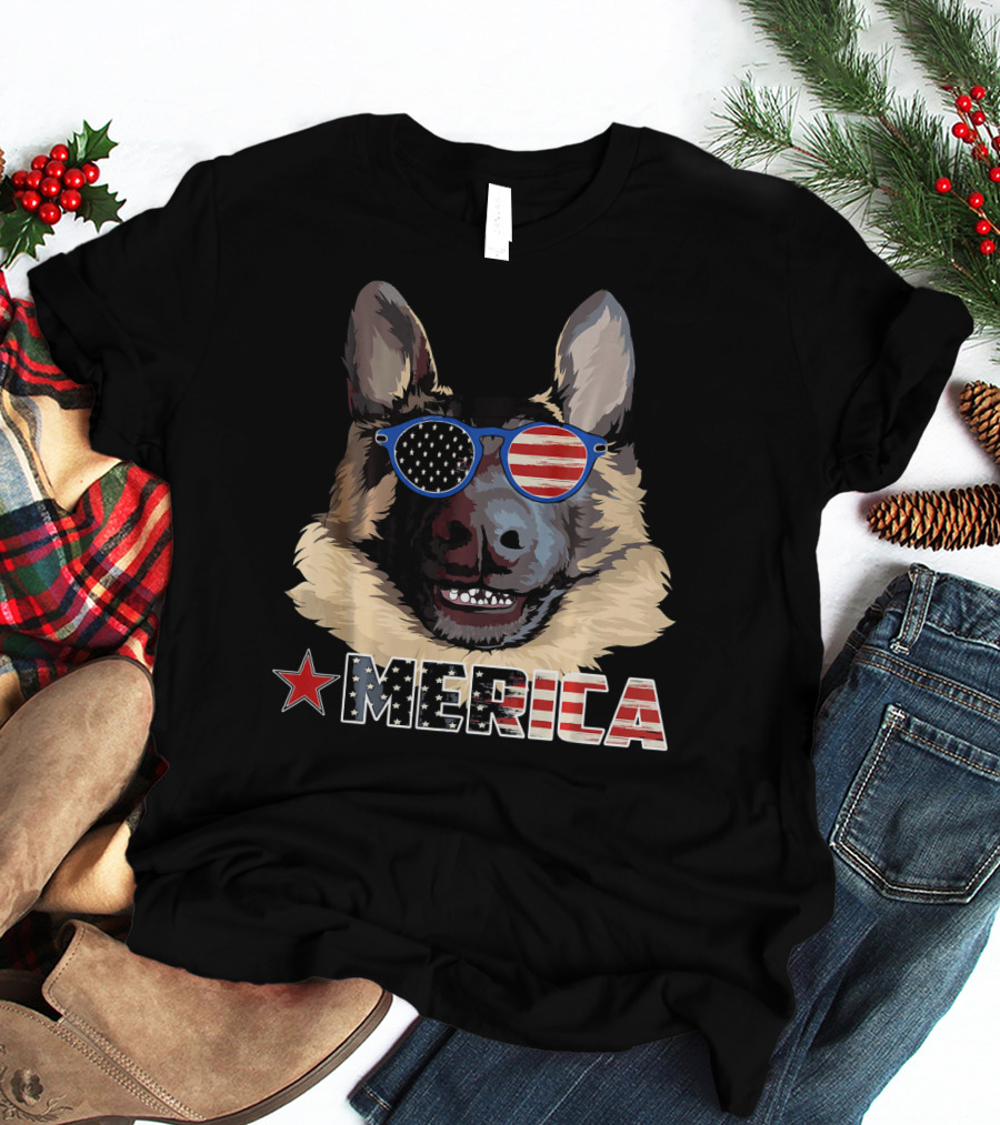 MERICA German Shepherd US Flag Sunglasses T-Shirt