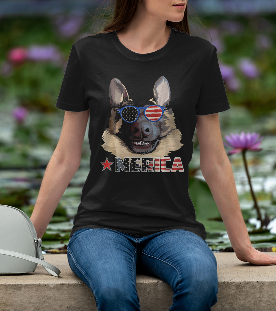 MERICA German Shepherd US Flag Sunglasses T-Shirt