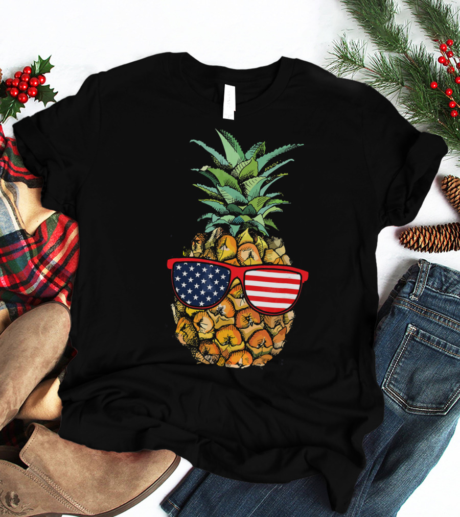 Funny Pineapple With American Flag Glasses Fourth Of July T-Shirt