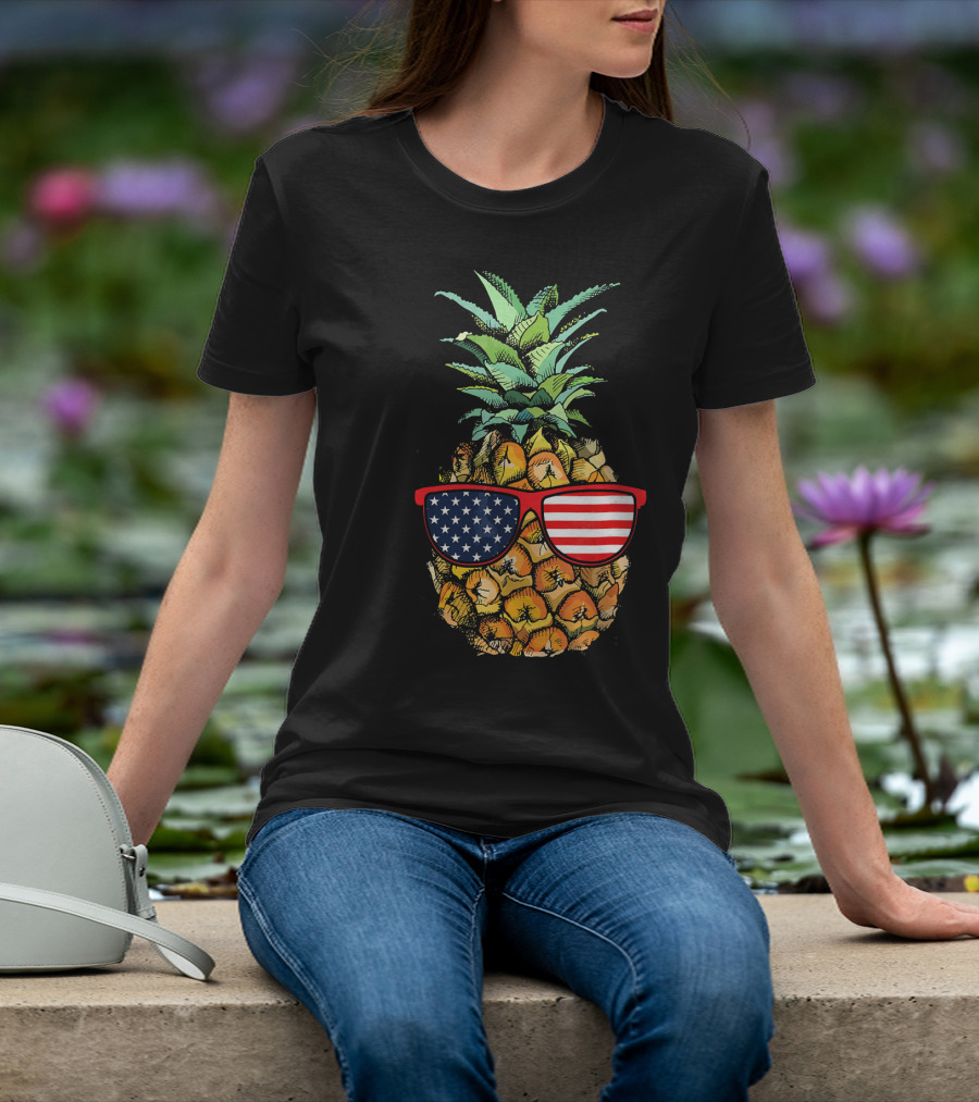 Funny Pineapple With American Flag Glasses Fourth Of July T-Shirt
