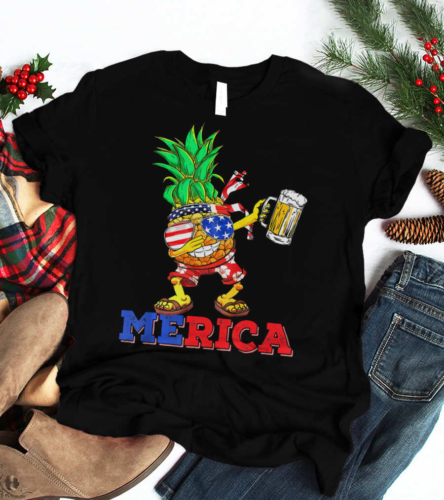 Merica Dabbing Pineapple US Flag Sunglasses Beer Mug Hawaiian Shorts T-Shirt