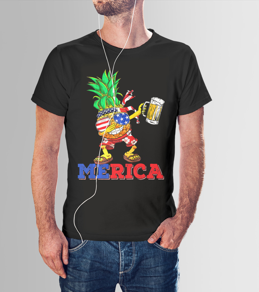 Merica Dabbing Pineapple US Flag Sunglasses Beer Mug Hawaiian Shorts T-Shirt