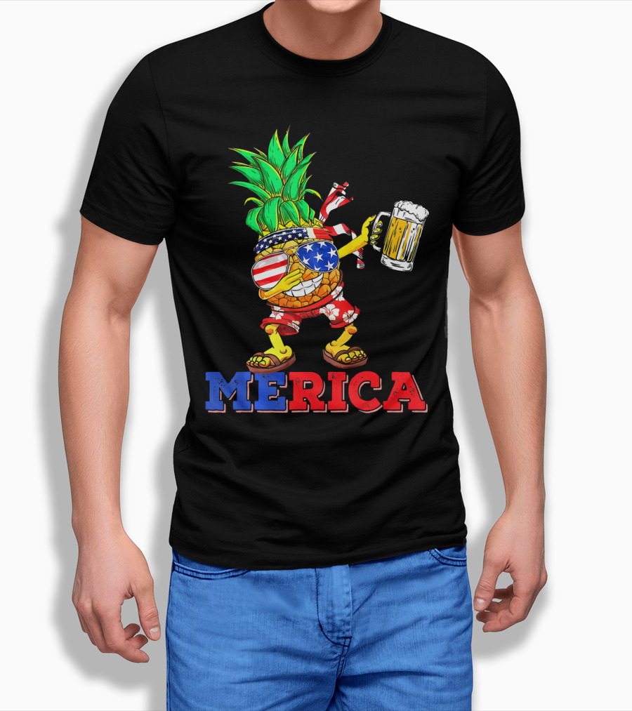 Merica Dabbing Pineapple US Flag Sunglasses Beer Mug Hawaiian Shorts T-Shirt