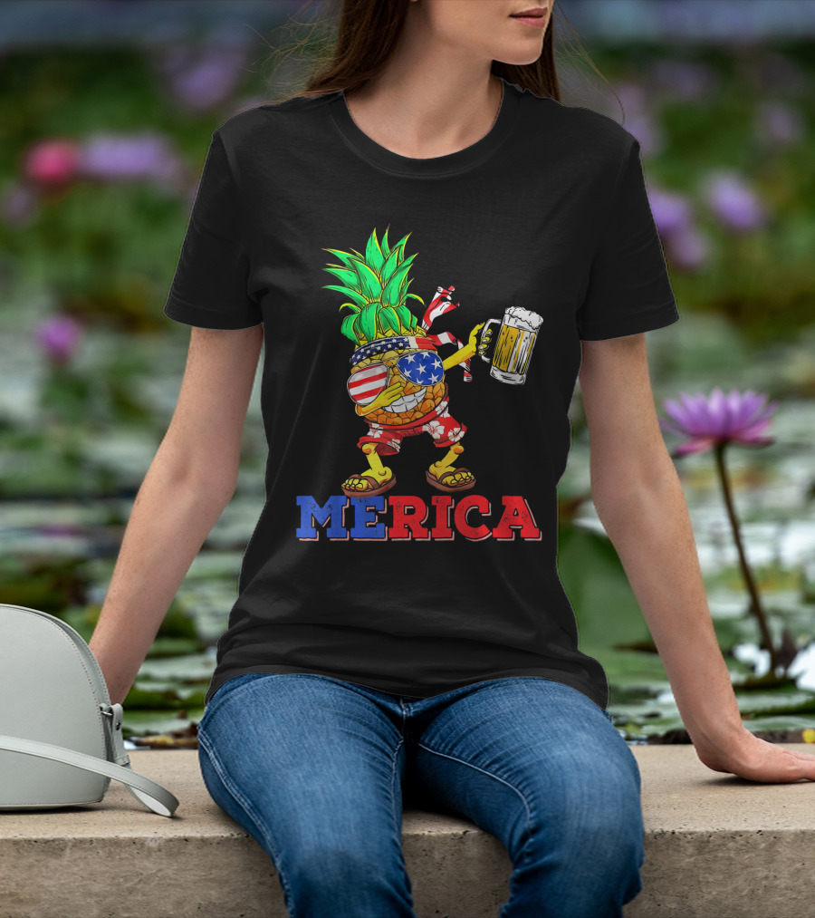 Merica Dabbing Pineapple US Flag Sunglasses Beer Mug Hawaiian Shorts T-Shirt