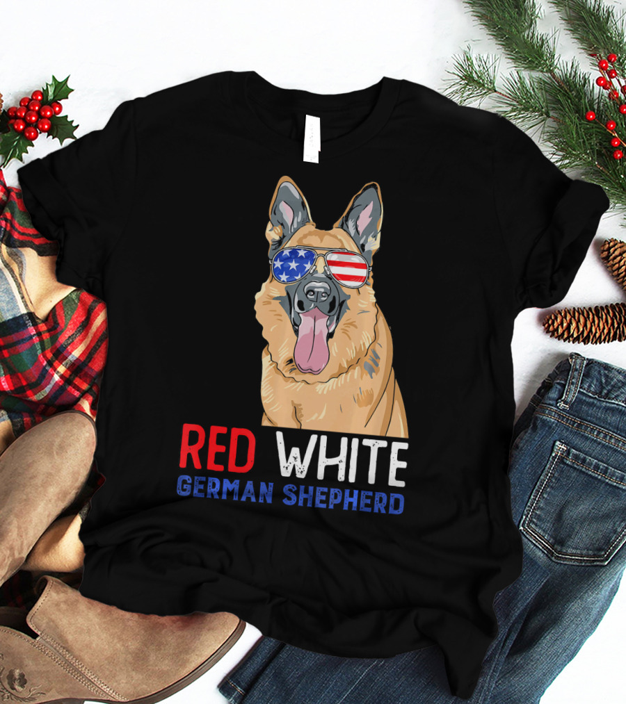 Red White German Shepherd USA Sunglasses Stars Stripes T-Shirt