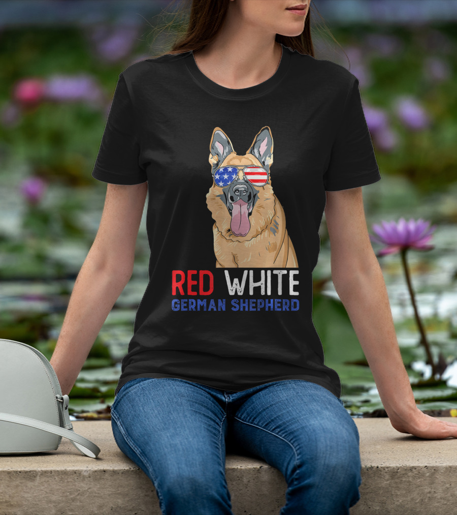 Red White German Shepherd USA Sunglasses Stars Stripes T-Shirt