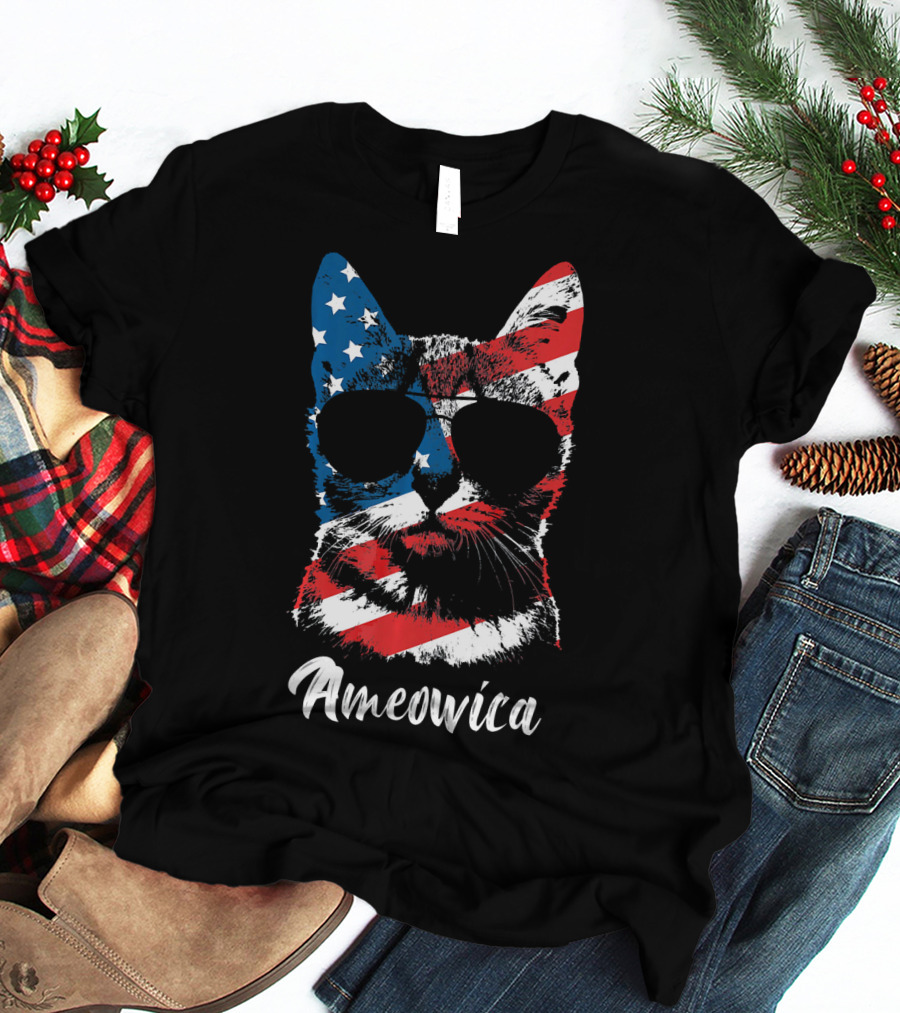 Ameowica Funny Cat Lover Patriotic Stars And Stripes Sunglasses T-Shirt