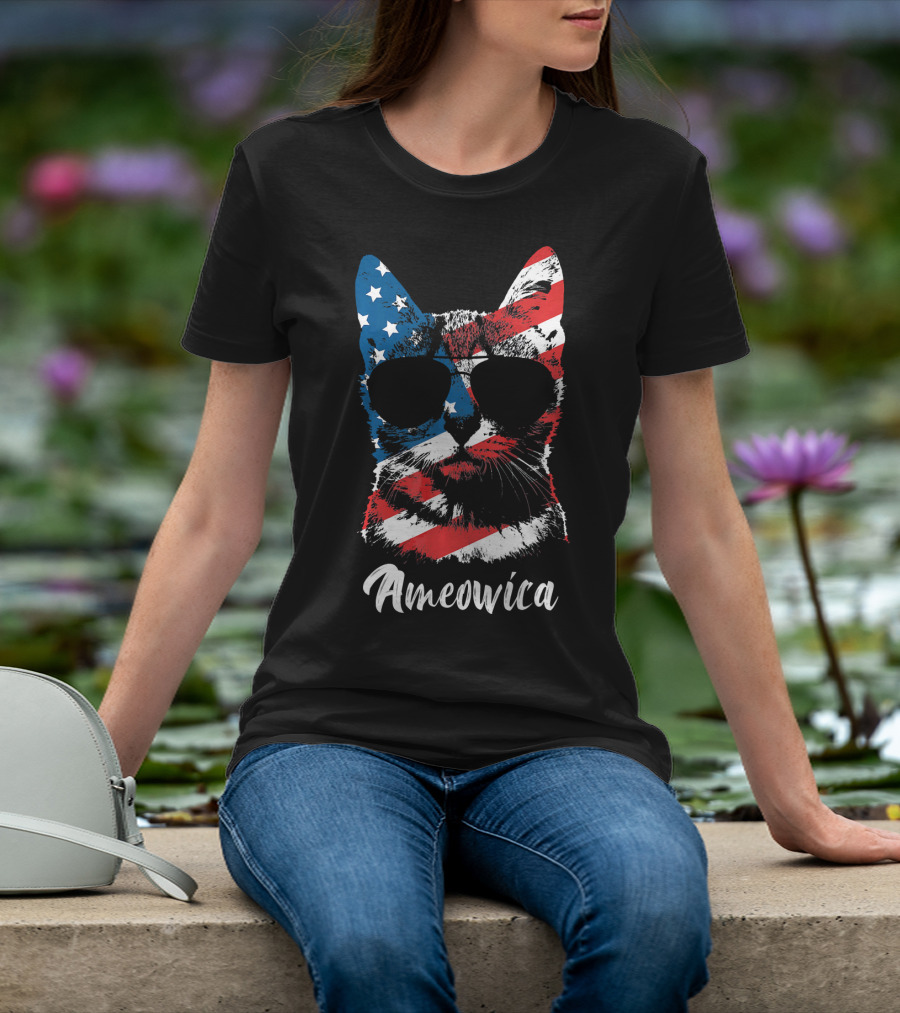 Ameowica Funny Cat Lover Patriotic Stars And Stripes Sunglasses T-Shirt
