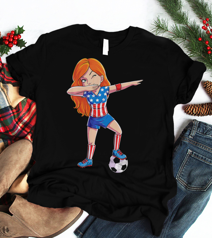 Dabbing Soccer Girl USA Flag Stars And Stripes Jersey T-Shirt