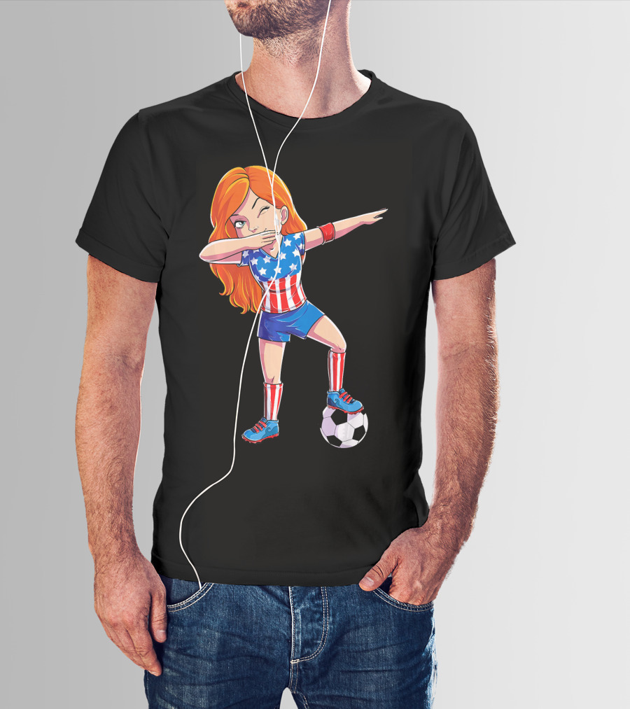 Dabbing Soccer Girl USA Flag Stars And Stripes Jersey T-Shirt