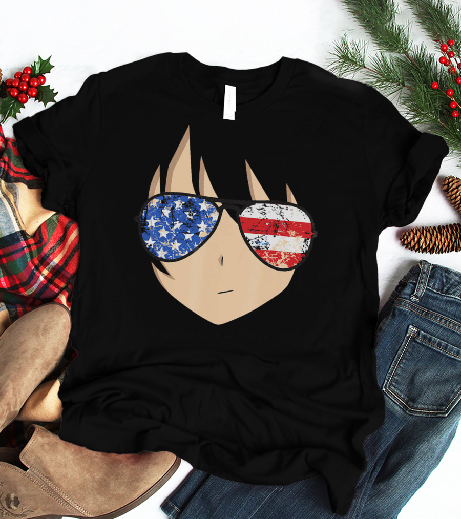American Anime Face With Stars And Stripes USA Sunglasses T-Shirt