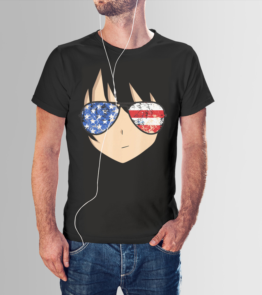 American Anime Face With Stars And Stripes USA Sunglasses T-Shirt