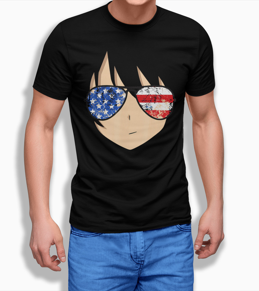 American Anime Face With Stars And Stripes USA Sunglasses T-Shirt