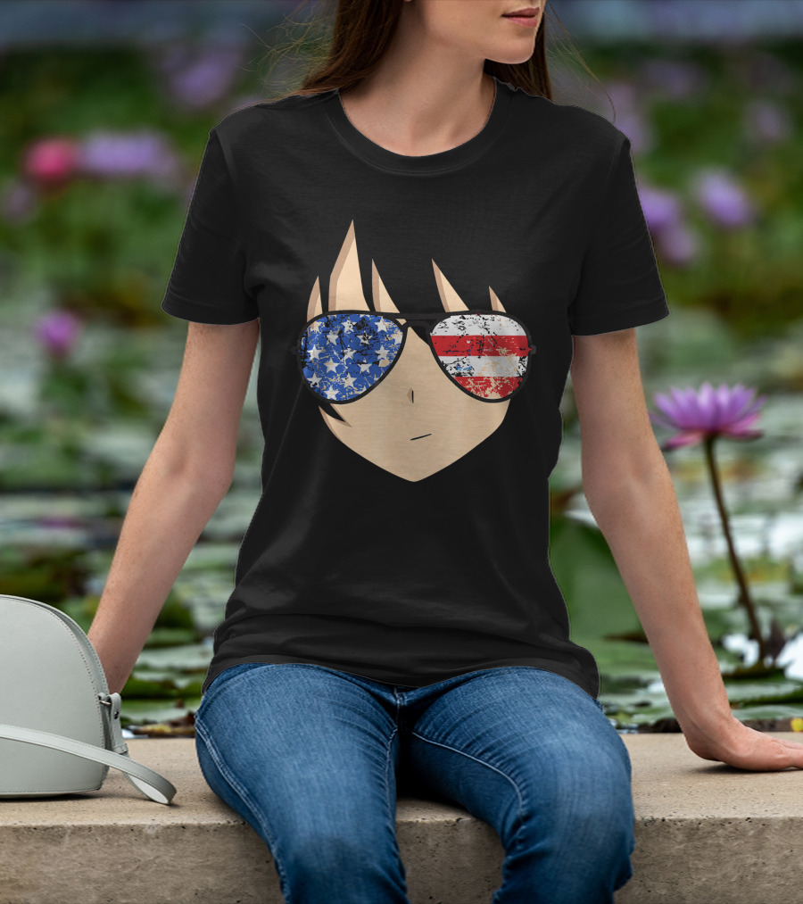 American Anime Face With Stars And Stripes USA Sunglasses T-Shirt
